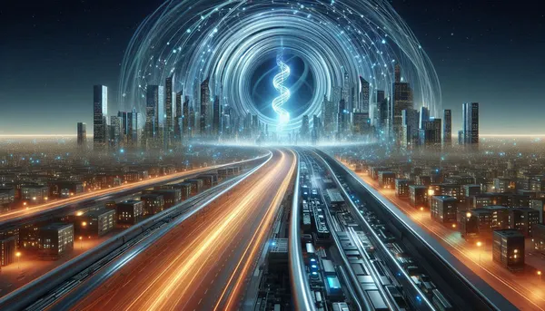 A superconducting cable transitioning to a futuristic city powered by clean energy